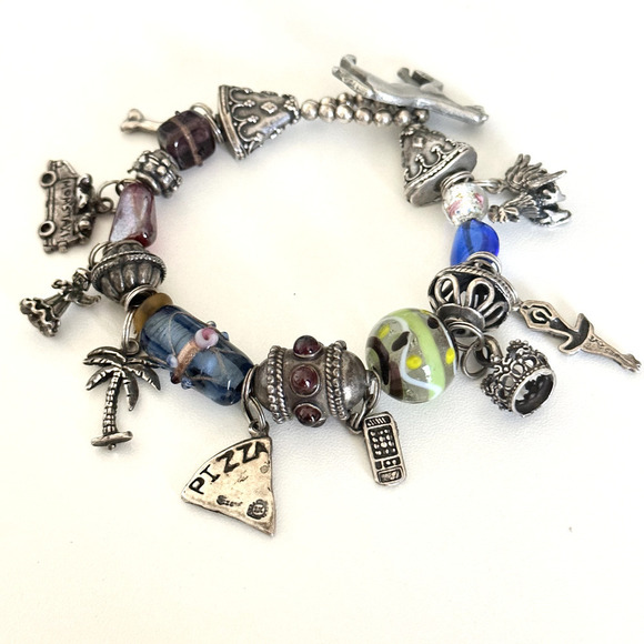 Vintage 925 Sterling Silver Garnet Murano Art Glass Loaded Charm Bracelet 7" - Picture 5 of 11